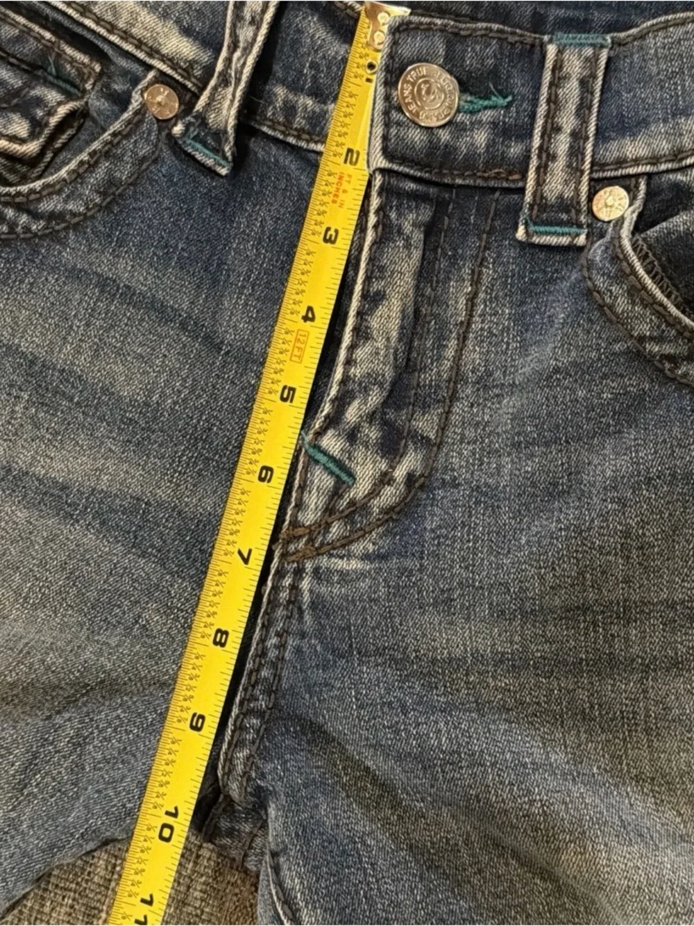 True Religion Men’s Ricky Straight Flap Pocket 30x34 (32x34) Turquoise Stitching